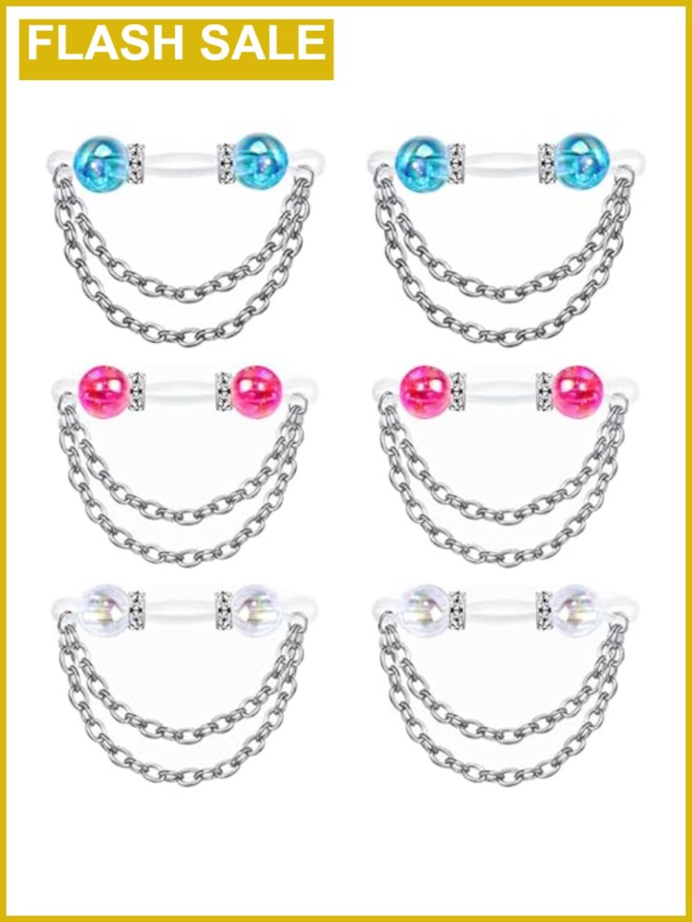 6 Pc Non Piercing Nipple Jewelry Faux Nipple Rings with Chain Body Jewelry